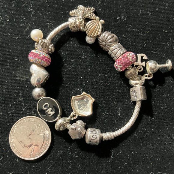Pandora Bracelet with Sterling Charms Nana, Rhinestones, Hearts, Retired Beads - Picture 13 of 14